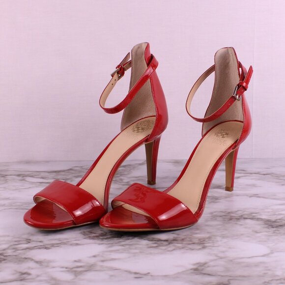 Vince Camuto Red Patent Leather Ankle Strap Heels Sandals Sz 9 Open Toe Stiletto - Picture 1 of 8
